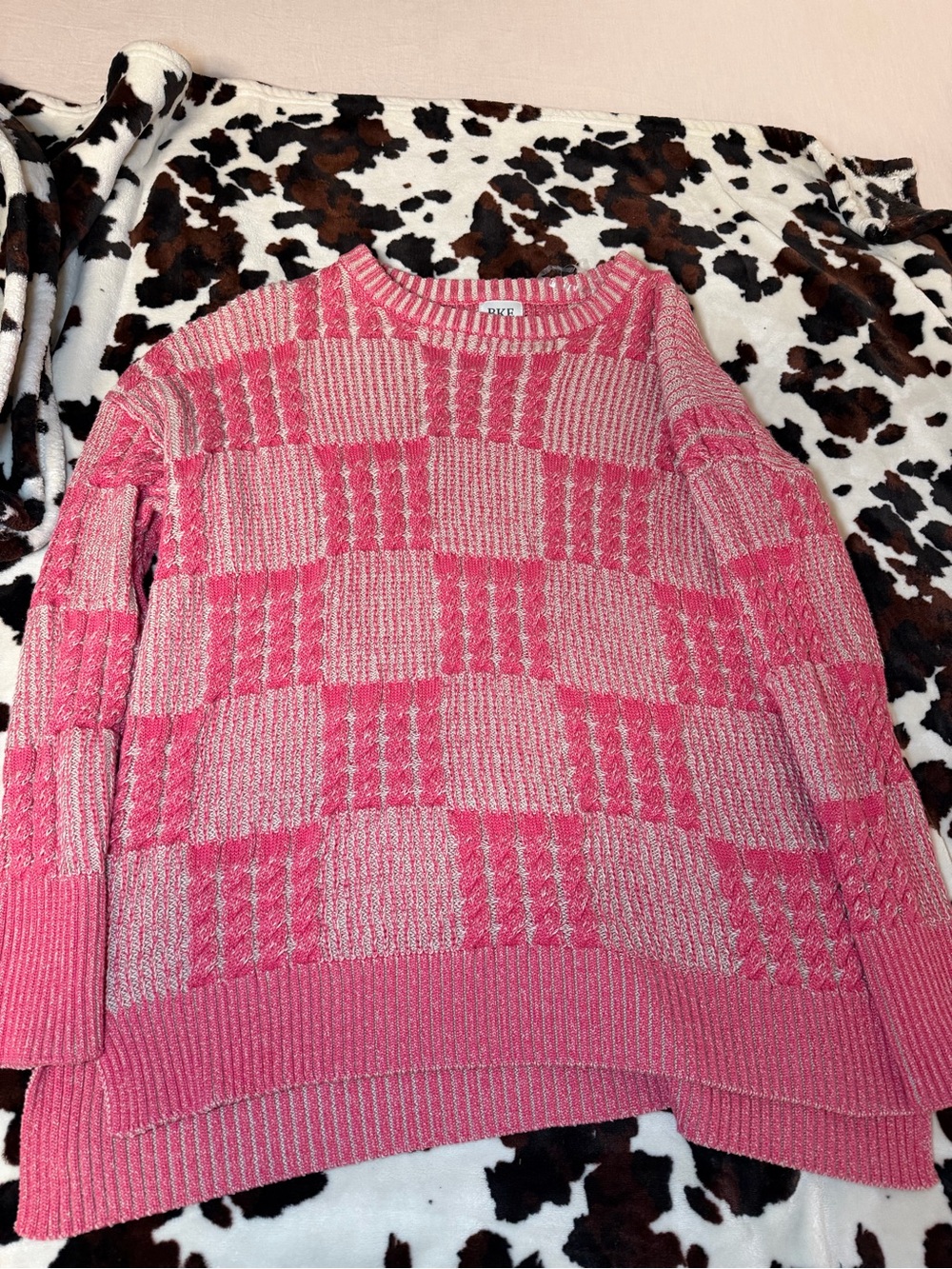 BKE Pink Checker Knit Crewneck Sweater